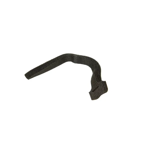 A single black Velcro cable tie is shown on a white background, with one end looped through a slot to create a secure fastening.