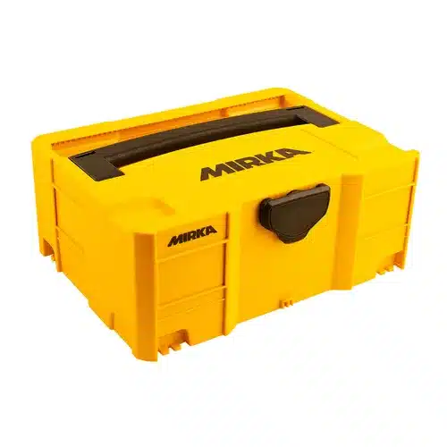 A bright yellow Mirka tool storage box with a black handle and catch. The box has ridged sides and a sturdy, rectangular design.