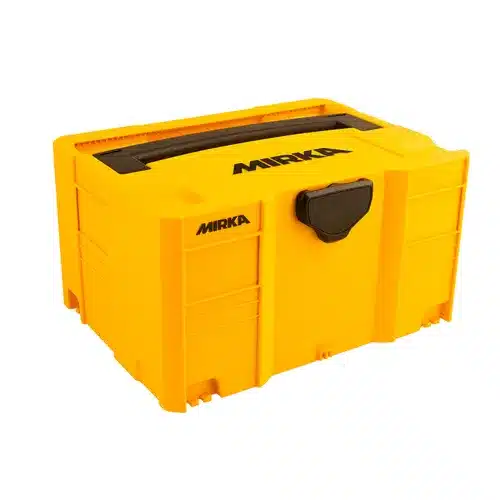 A bright yellow Mirka storage box with a black handle and catch, designed for carrying tools or supplies.