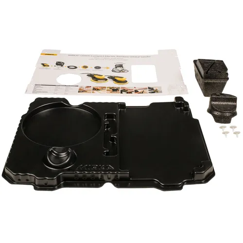 Plastic oil drain pan kit featuring a large black tray, foam inserts, white clips, and an instruction sheet arranged on a white surface.
