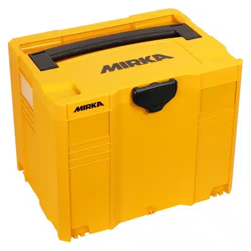 A yellow Mirka storage box with a black handle and latch, designed for organising tools or equipment. The box is made of sturdy plastic.