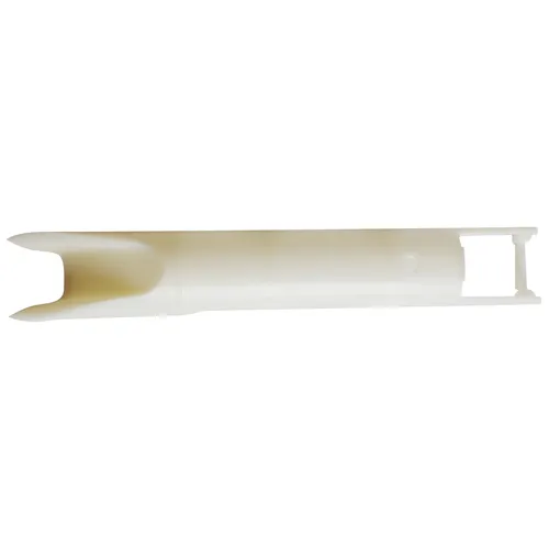 Plastic tool featuring a U-shaped notch at one end and a rectangular opening at the other, seen from above against a white background.