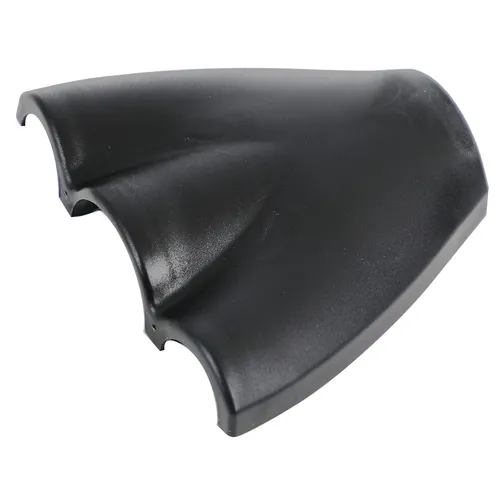 A black, triangular plastic object featuring three curved grooves and slightly raised edges, shaped like a protective or decorative cover.