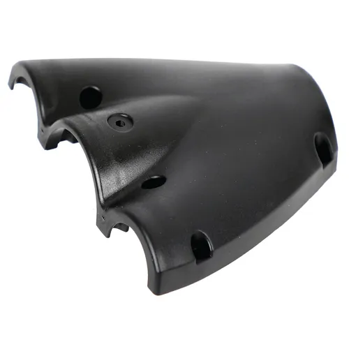 A black, curved plastic component featuring several holes and cut-outs, likely serving as a protective cover or a part of machinery or equipment.
