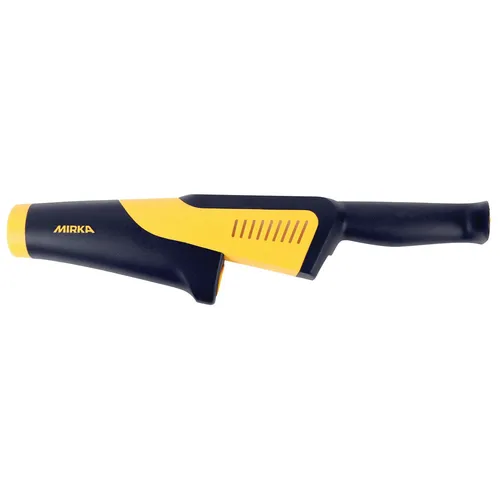 A black and yellow handheld tool featuring an ergonomic grip and a sleek, angular design.