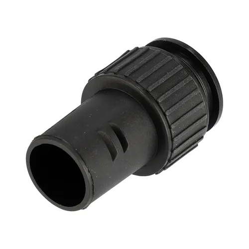 A black plastic hose connector featuring a ribbed grip section and an open cylindrical end, angled slightly and shown on a plain white background.