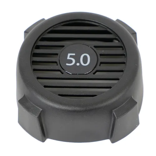A black plastic cap with horizontal slats, viewed from above against a white background.