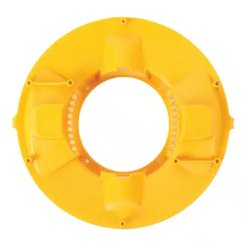 A round, yellow plastic object with a large central hole and raised sections evenly spaced around the edge. The item appears to be an industrial or mechanical part, possibly a safety cover or protective ring.