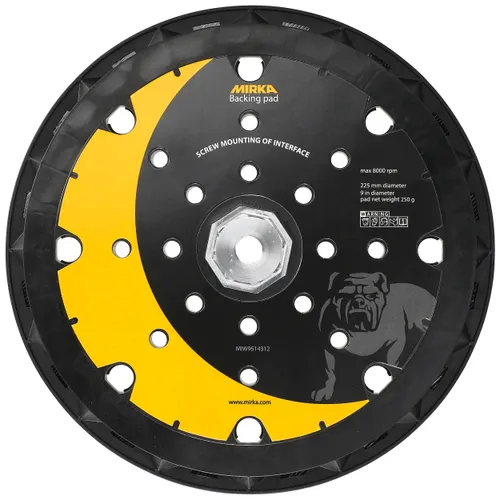 A round Mirka backing pad with a black and yellow design, multiple holes, a central screw mounting, and a bulldog graphic on the lower right section.