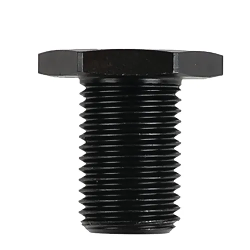 A close-up image of a black metal hex bolt featuring a wide, flat head and a threaded body, standing vertically against a white background.