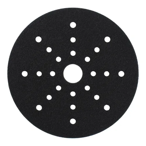 A black circular sanding disc featuring a large central hole surrounded by multiple smaller holes positioned symmetrically, designed for use with power sanders.
