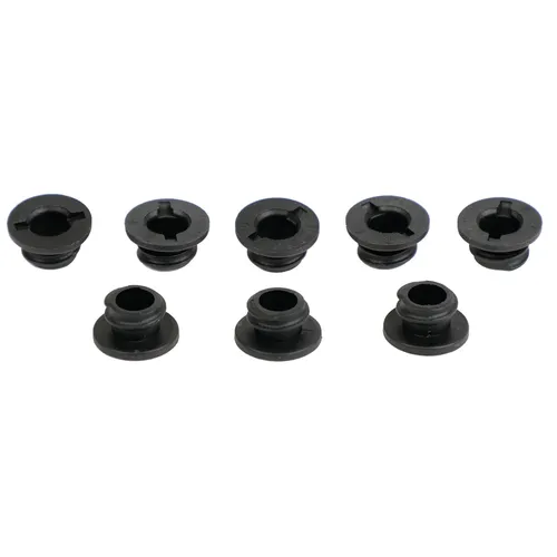 Seven black, round plastic grommets with flanges are arranged in a single row on a white background. Each grommet features a central hole and slight variations in shape or size.