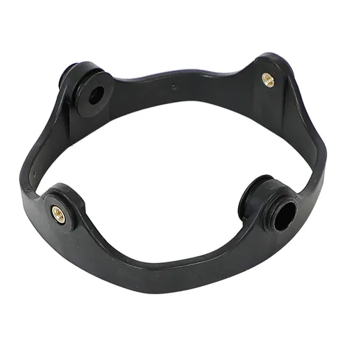 Black, circular plastic clamp featuring four protruding attachment points with metal-lined holes, intended for securing or mounting cylindrical objects.