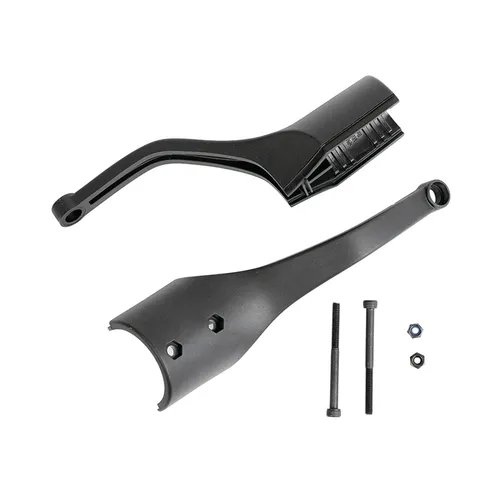 Two black plastic automotive control arm guards with two bolts and two nuts displayed on a white background.