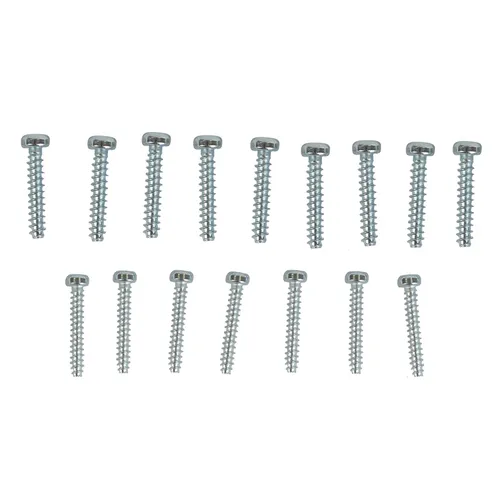 Fifteen silver screws arranged in two neat rows on a white background; the top row contains longer screws, whilst the bottom row features shorter screws.