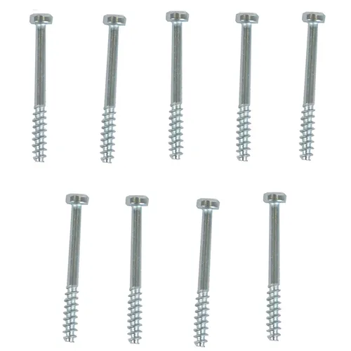Ten silver hex head lag screws are neatly lined up in two rows of five against a white background.
