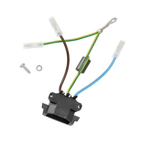 Electrical power socket with three coloured wires (brown, blue, yellow-green) attached, two connectors, a screw, and a washer on a white background.
