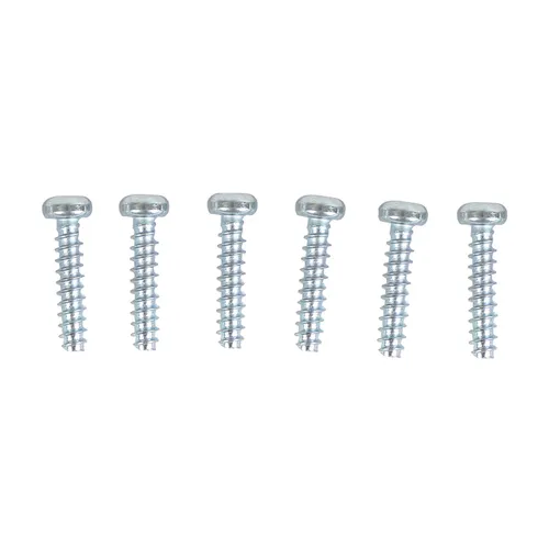 Six silver metal screws with round heads lined up in a straight horizontal row on a white background.