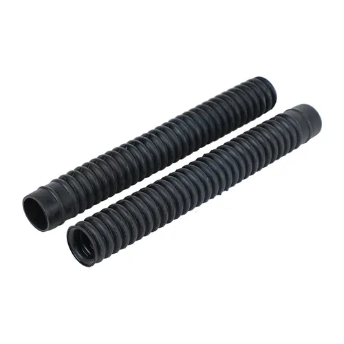 Two black, flexible corrugated plastic tubes lie parallel to each other on a white background.