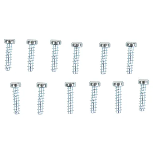 Twelve silver metal screws are neatly lined up in two horizontal rows of six on a plain white background.