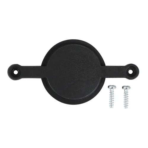 Black circular plastic cover with two side extensions, each featuring a hole for screws. Two silver screws lie to the right of the cover, all set against a white background.