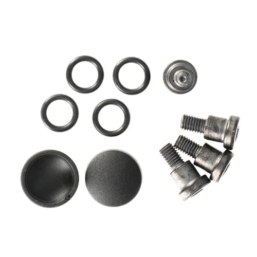 Various black metal hardware pieces, including four O-rings, three screws, a small round fitting, and two round flat caps, arranged on a white background.