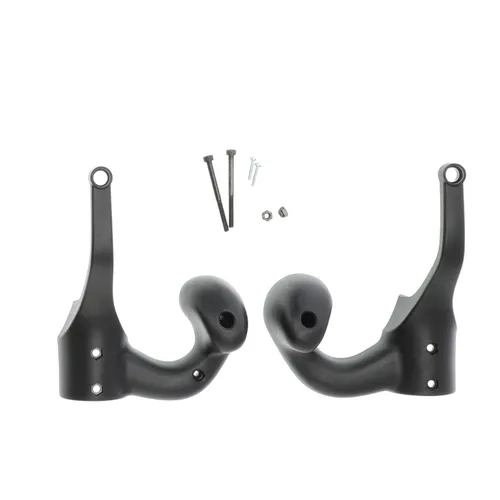 Two black metal brackets with holes and curved hooks are displayed on a white background, with a set of screws and nuts positioned above them.