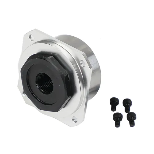 A metal mechanical component featuring a hexagonal centre and four mounting holes, placed next to four small black screws on a white background.