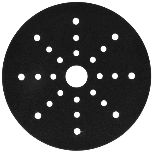 Black circular sanding disc featuring a large centre hole and several smaller holes arranged in a pattern. Designed for use with power sanders, the disc has a rough, abrasive surface. Set against a white background.