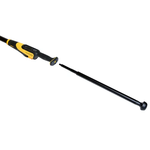 A black and yellow telescopic pole saw with its extension section detached and displayed separately, emphasising the tool’s extendable design for accessing high branches.