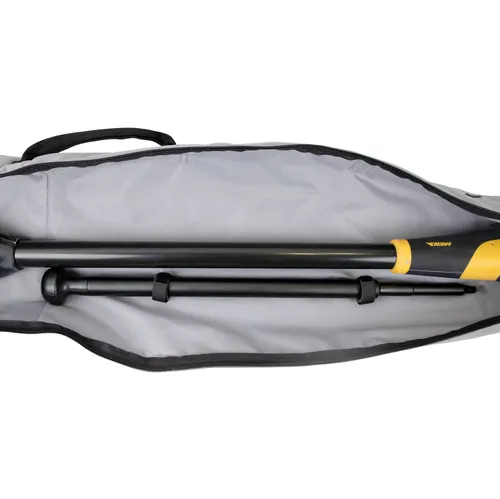 A black and yellow kayak paddle stored inside a grey carrying bag with a zip and handle, viewed from above.