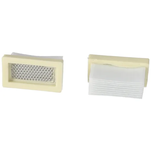 Two rectangular air filters with beige frames. One filter has a metal mesh, whilst the other displays pleated white filter material. Both are compact and intended for small-scale use.