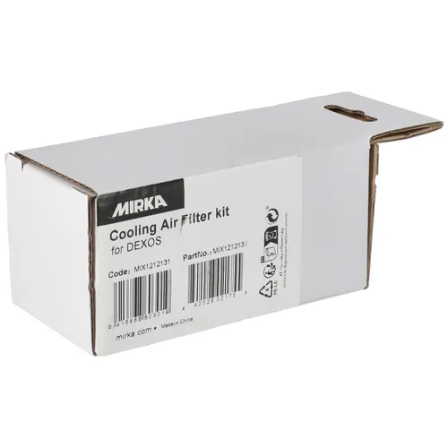 A white cardboard box labelled Mirka Cooling Air Filter kit for DEXOS with barcodes and product details printed on the side. The box has a partially open flap.