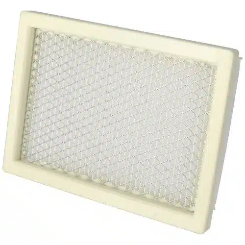 A rectangular cream-coloured plastic frame featuring a diamond-patterned wire mesh screen, similar to an air vent or filter cover.