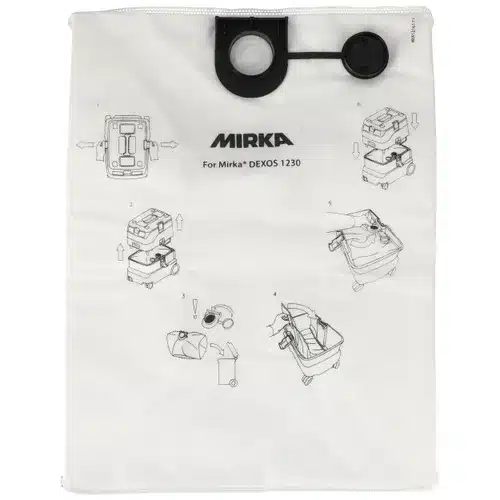 A white Mirka dust bag with a black plastic connection port and illustrated instructions for installation and use printed on the front.