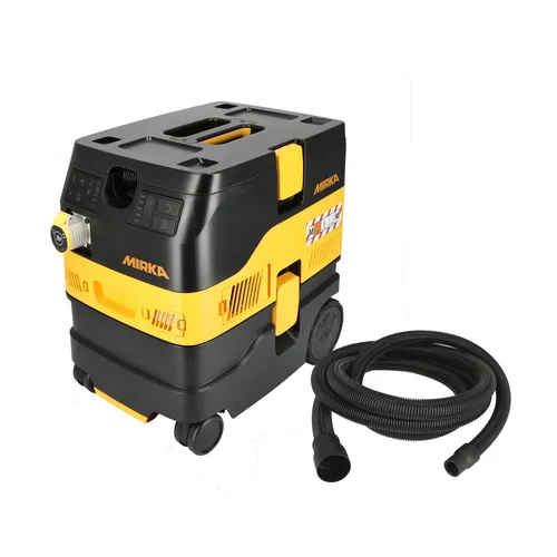 A yellow and black Mirka industrial vacuum cleaner on wheels is positioned next to a detachable black hose with connectors at both ends.