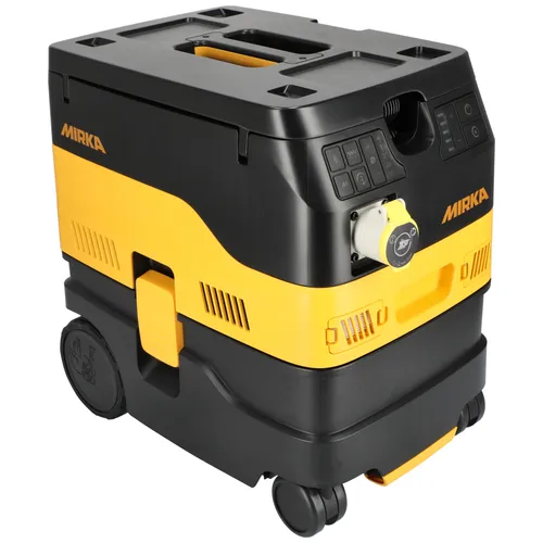 A black and yellow Mirka-brand dust extractor vacuum with control panels, handle, wheels, and a hose connection port, designed for industrial or workshop use.