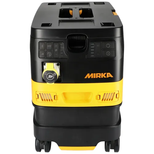 A black and yellow Mirka industrial vacuum cleaner with control buttons, a dial, and wheels, viewed from the front.