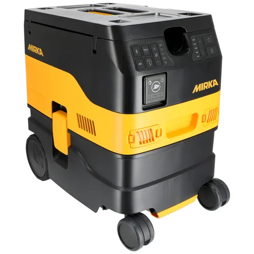 A yellow and black Mirka industrial vacuum cleaner featuring control buttons on top, a carrying handle, and four wheels for easy manoeuvrability.