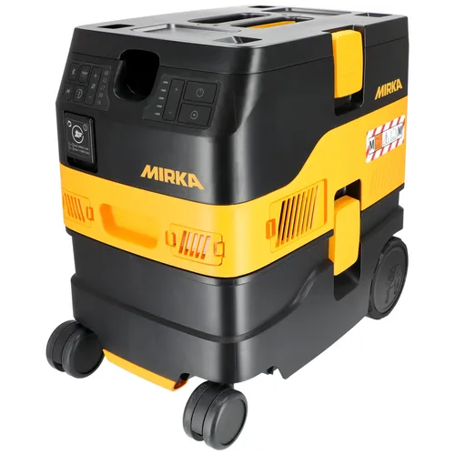 A black and yellow Mirka dust extractor vacuum featuring control panels, large wheels, and side vents, intended for industrial or workshop use.