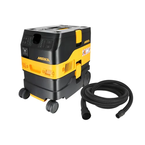 A yellow and black Mirka industrial vacuum cleaner with control panels, wheels, and a detachable black hose placed next to it.