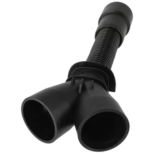 Black plastic Y-shaped vacuum hose attachment featuring a flexible corrugated connector and two wide oval openings on one end, designed to split suction between two areas.