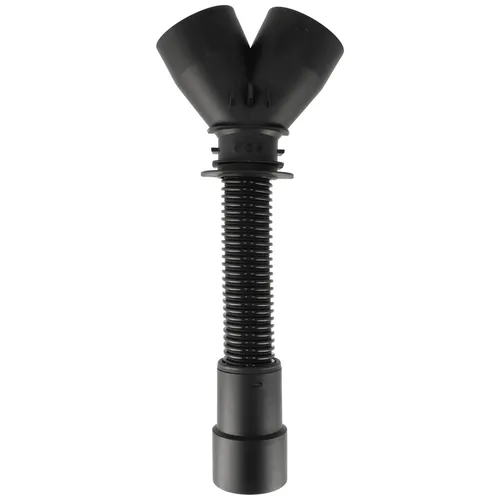A black plastic Y-shaped pipe connector featuring a flexible, accordion-style middle section and three attachment openings.