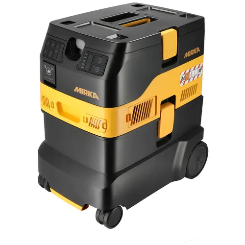 A black and yellow Mirka industrial vacuum cleaner with wheels, front control panels, side vents, and a top carrying handle.