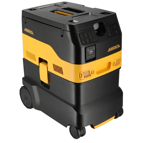 A black and yellow Mirka dust extractor vacuum with a rectangular shape, wheels, handle, and control panel, designed for industrial or workshop use.