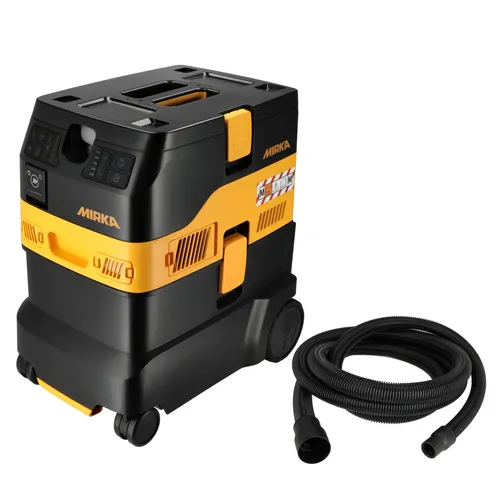 A black and yellow Mirka dust extractor vacuum with a control panel on top, wheels at the base, and a coiled black hose placed beside the unit.
