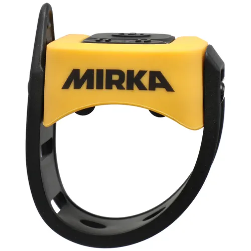A yellow and black Mirka branded plastic strap tool, shaped to fit round a wrist or object.