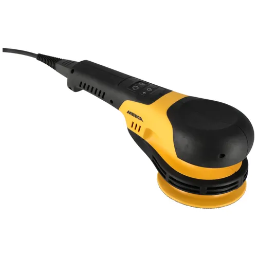 A yellow and black electric orbital sander with a round sanding pad, black grip, and attached power lead on a white background.