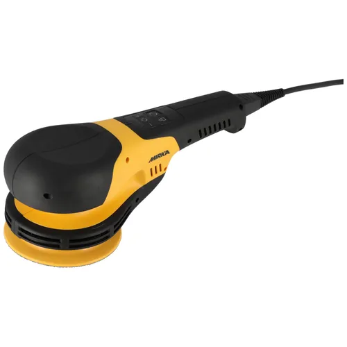 A black and yellow electric random orbital sander with a round sanding pad, power lead, and control buttons on the handle, resting on a white background.