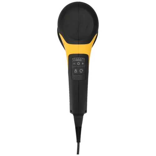 A black and yellow handheld electric device featuring a front control panel with buttons, connected to a lead and viewed from above.